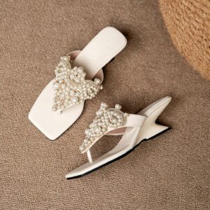 White Pearl Embellished Thong Sandals