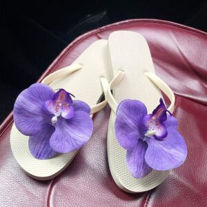 White Slide Sandals with Purple Flower Accent