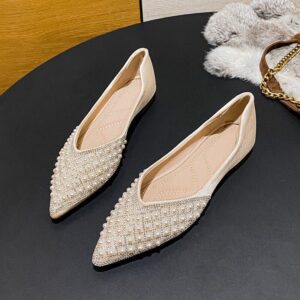 White Pearl Embellished Ballet Flats