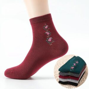 Maroon Floral Embroidered Crew Socks