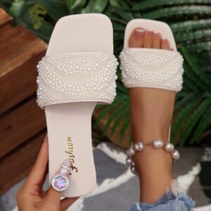 White Faux Fur Slide Sandals with Pearl Strap