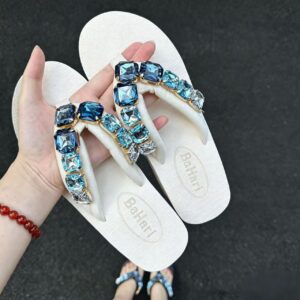 White Slide Sandals with Blue Crystal Detail